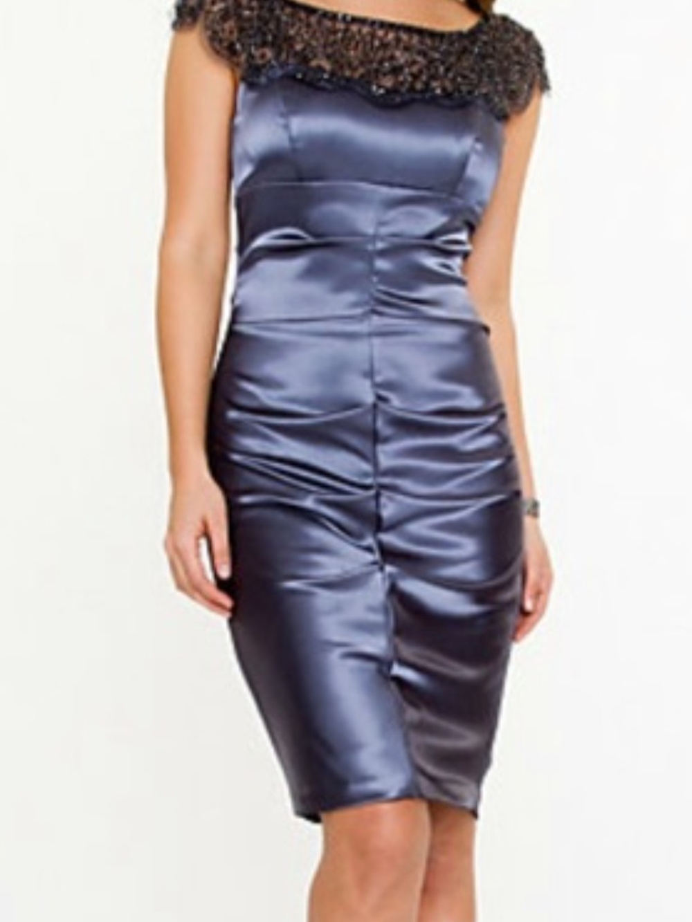 le chateau Navy Satin Midi Dress with Beaded Collar